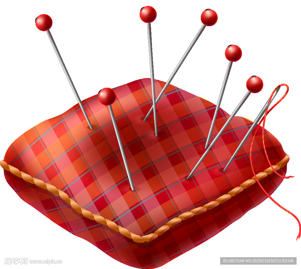 紅色針插與插滿的縫紉針