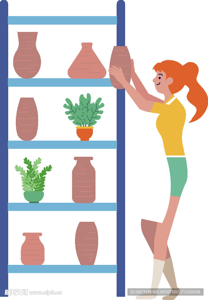 女孩擺放架子上的陶器