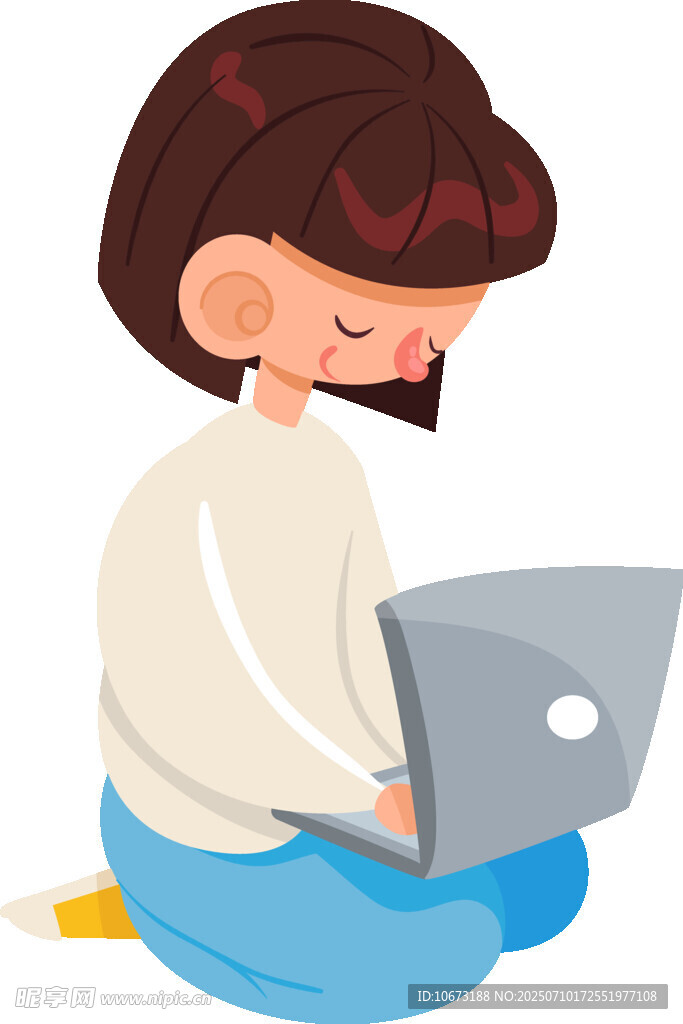 女孩坐著專注用筆記本電腦
