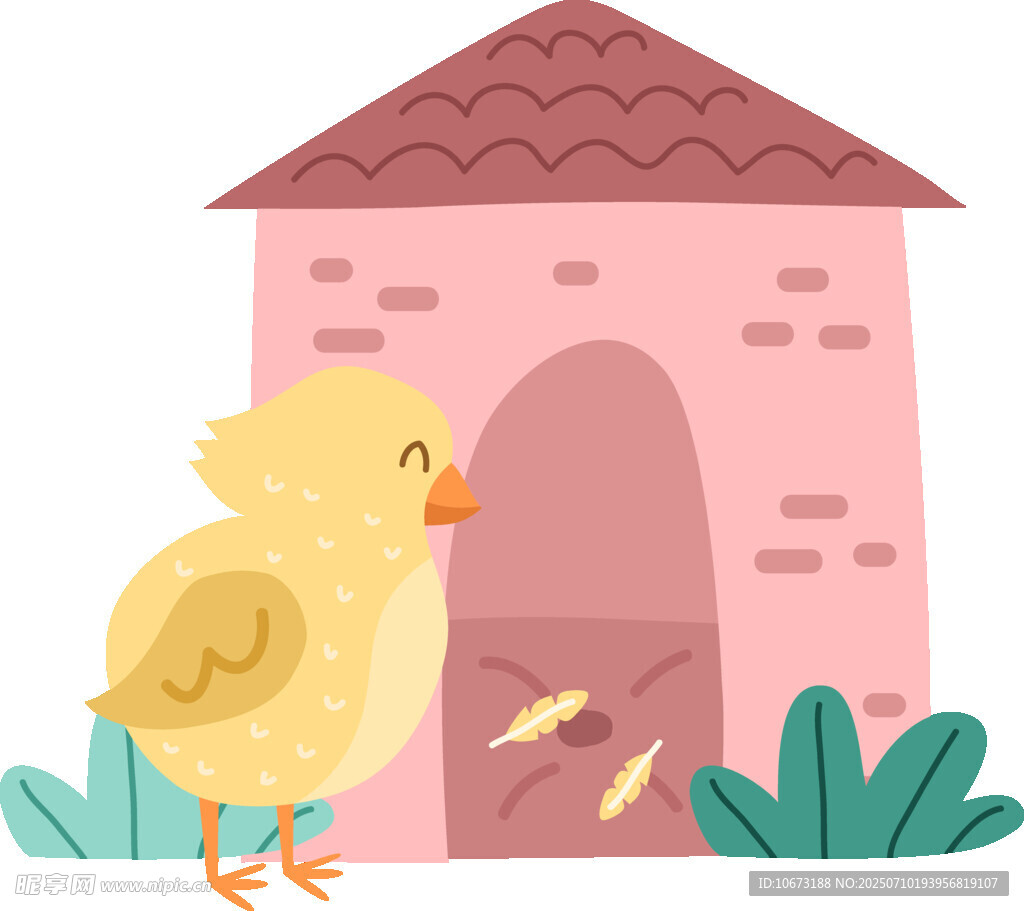 小雞立于粉色小屋前