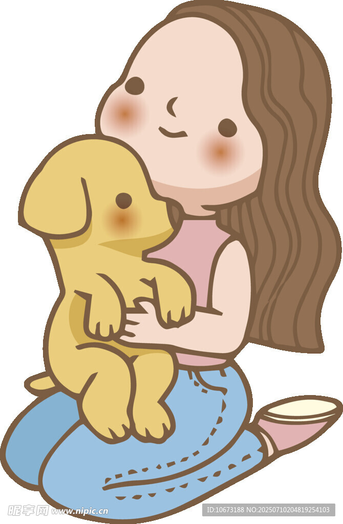 女孩溫馨懷抱可愛小黃狗