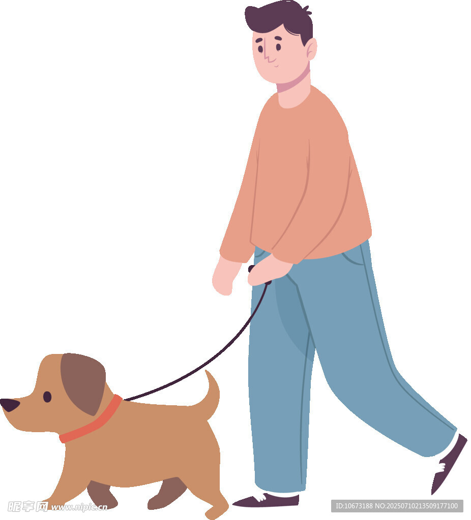 男子牽著小狗快樂漫步