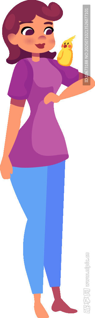 女子手持小鳥的可愛插畫