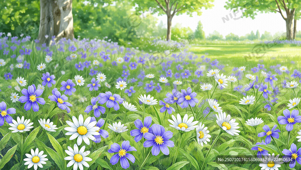 手繪 遍地二月蘭 花園 小白花