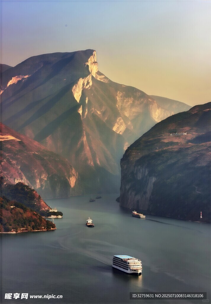壯麗山水間的航行船只