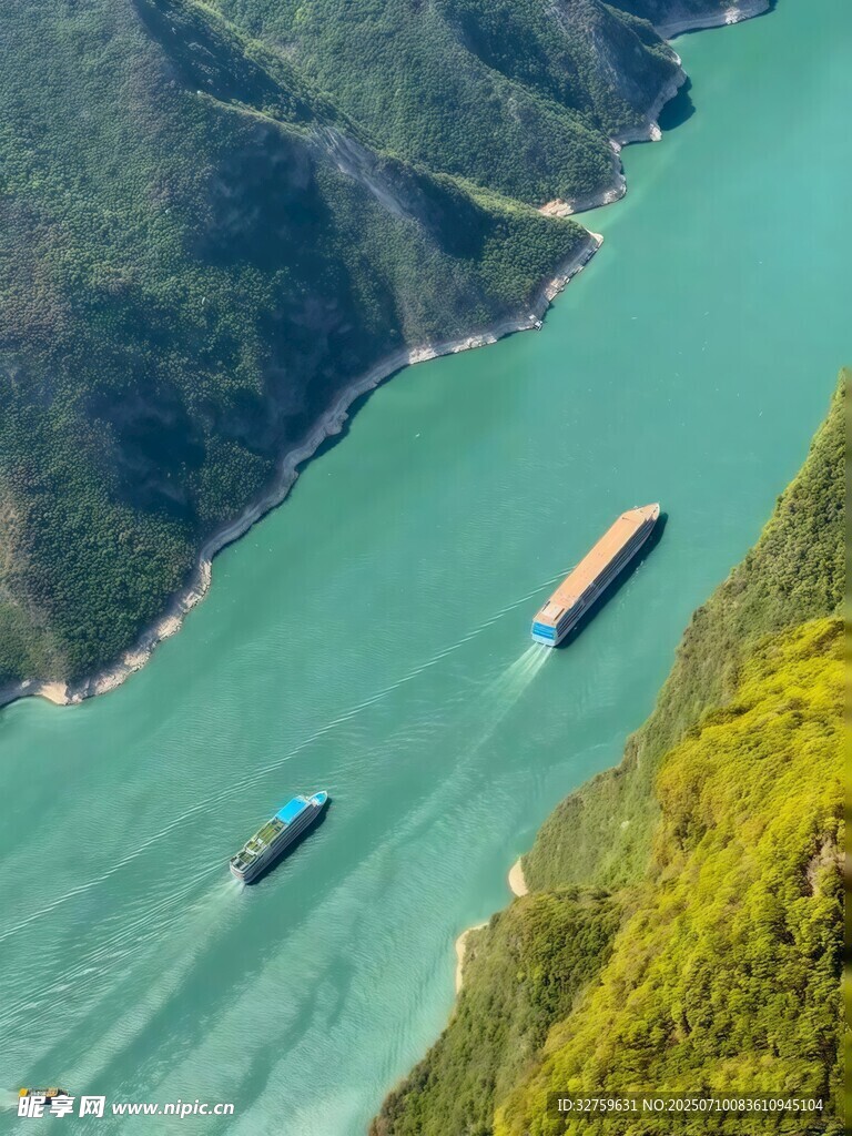 青山綠水間的江上行船