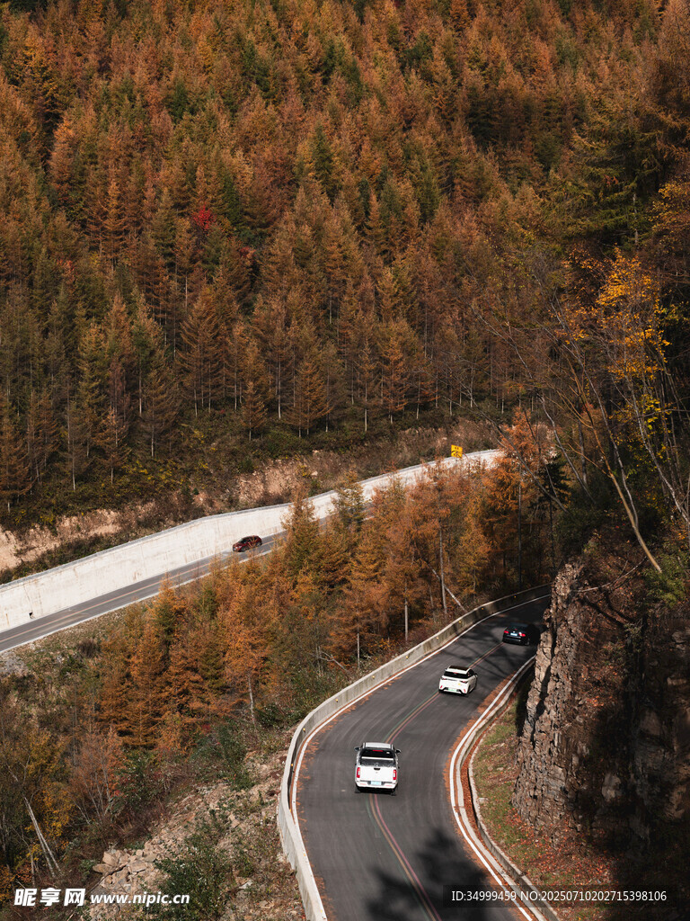 蜿蜒公路穿行秋日山林