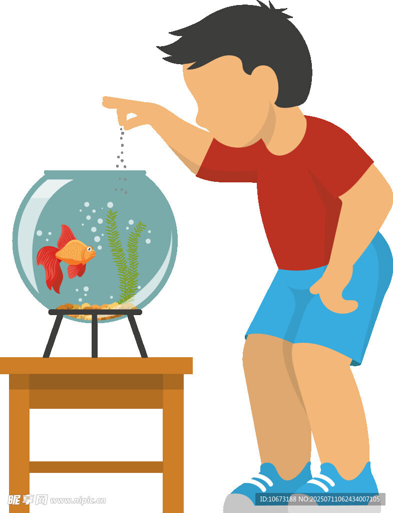 男孩觀賞魚缸中的金魚