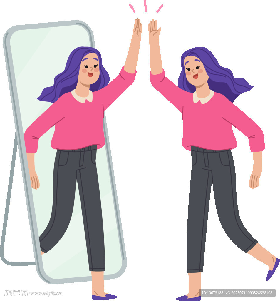 女孩與鏡中自己擊掌慶祝