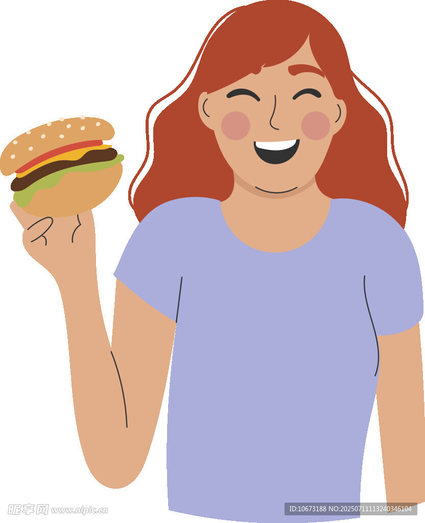 女孩手持美味漢堡露笑容