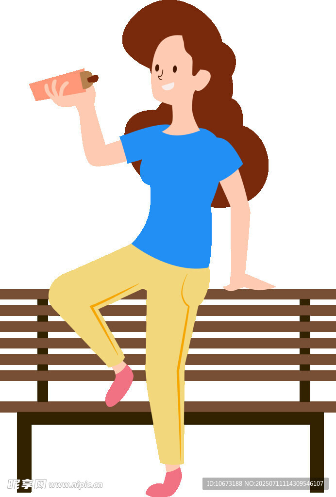 女子長椅上愜意喝飲料