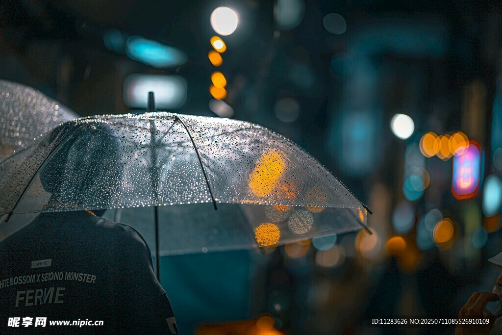 雨中撐透明傘的模糊身影