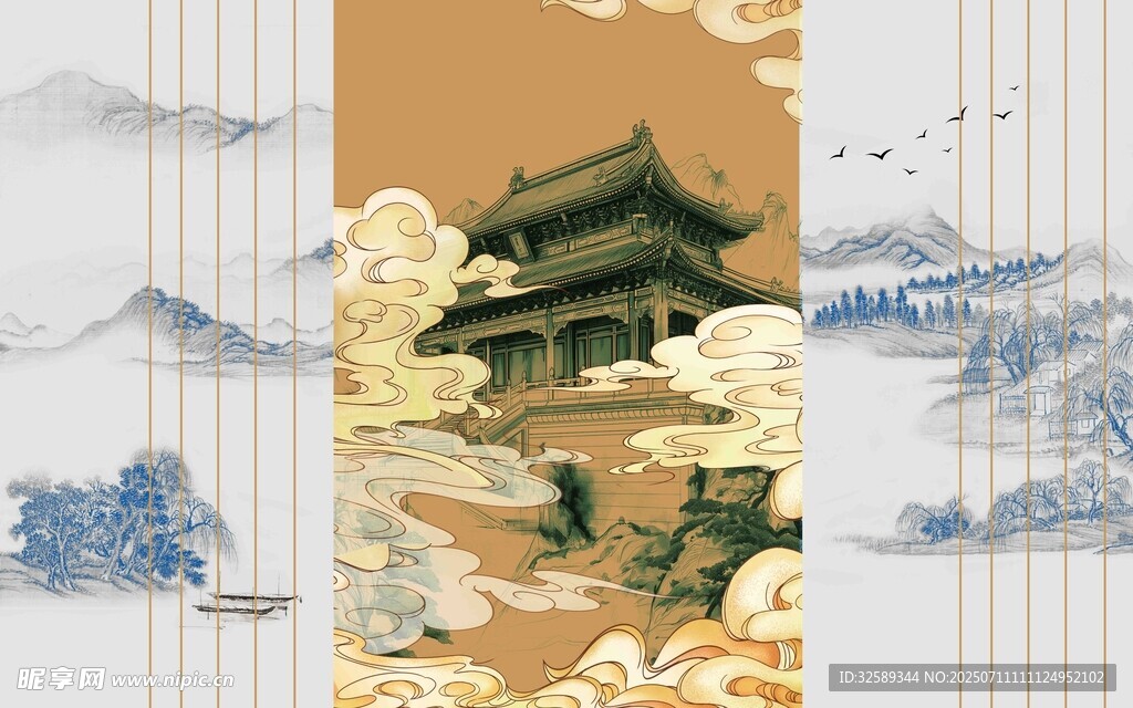 古風(fēng)中式建筑山水插畫