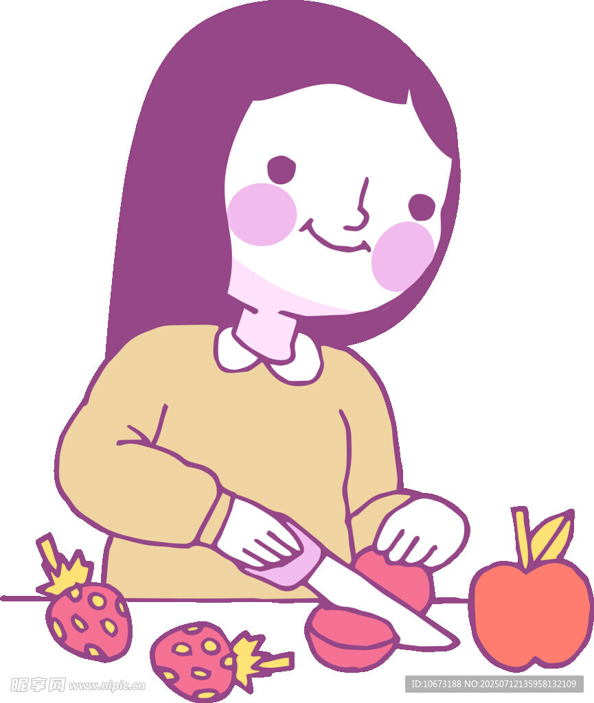 女孩專注切水果