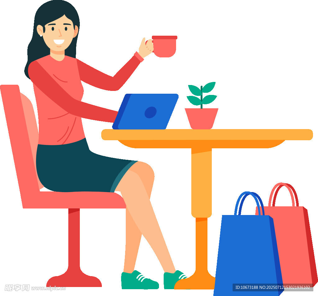 女子桌邊愜意辦公與購物