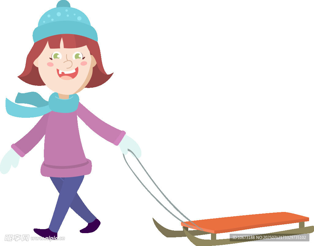 女孩拉雪橇歡樂出行