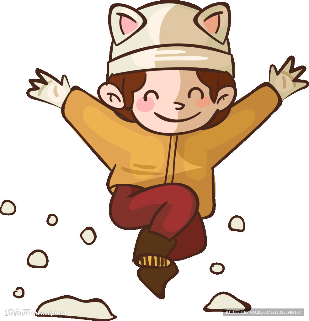 雪地中戴貓耳帽跳躍的孩子