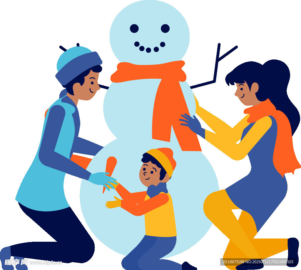 一家人歡樂堆雪人場景