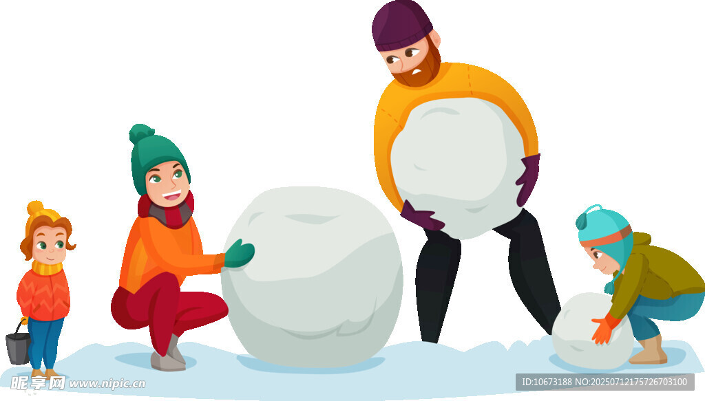 一家人戶外開心堆雪人