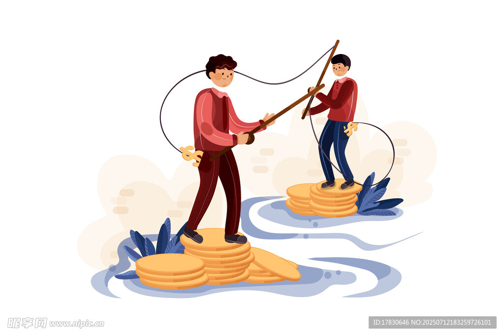 兩人站石上持竿釣魚場景