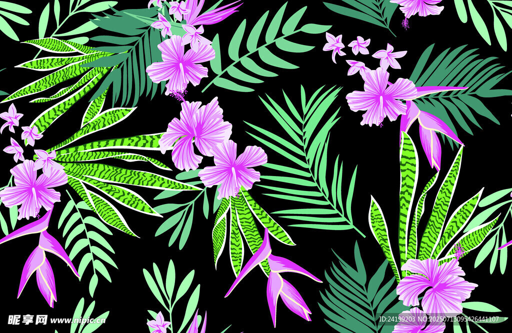 紫色蘭花綠葉圖案背景