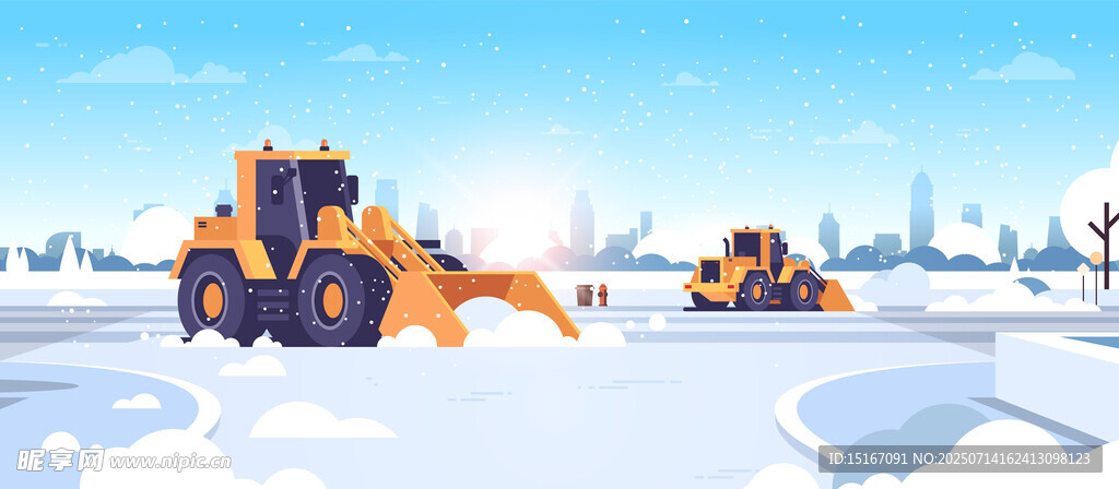 雪地中的兩臺黃色除雪設備