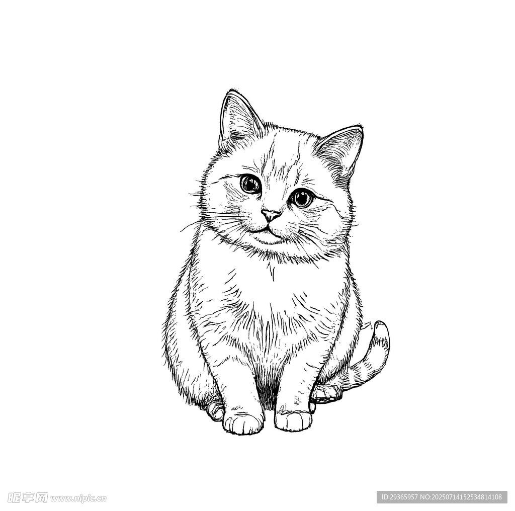 可愛貓咪黑白手繪插畫