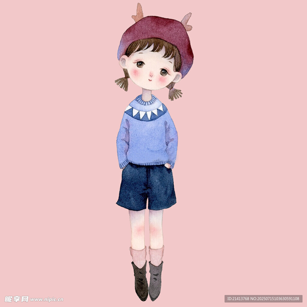 戴鹿角帽的可愛卡通女孩