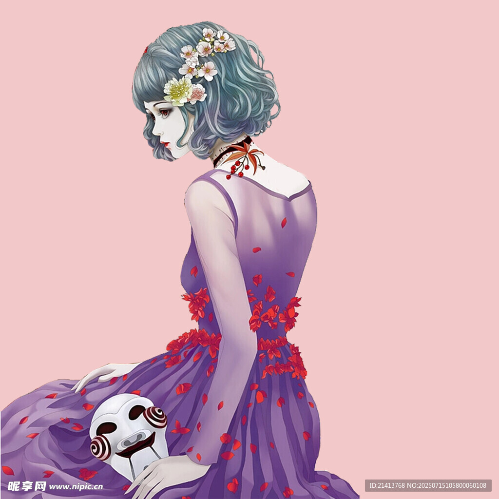 紫色裙裝女子與骷髏頭