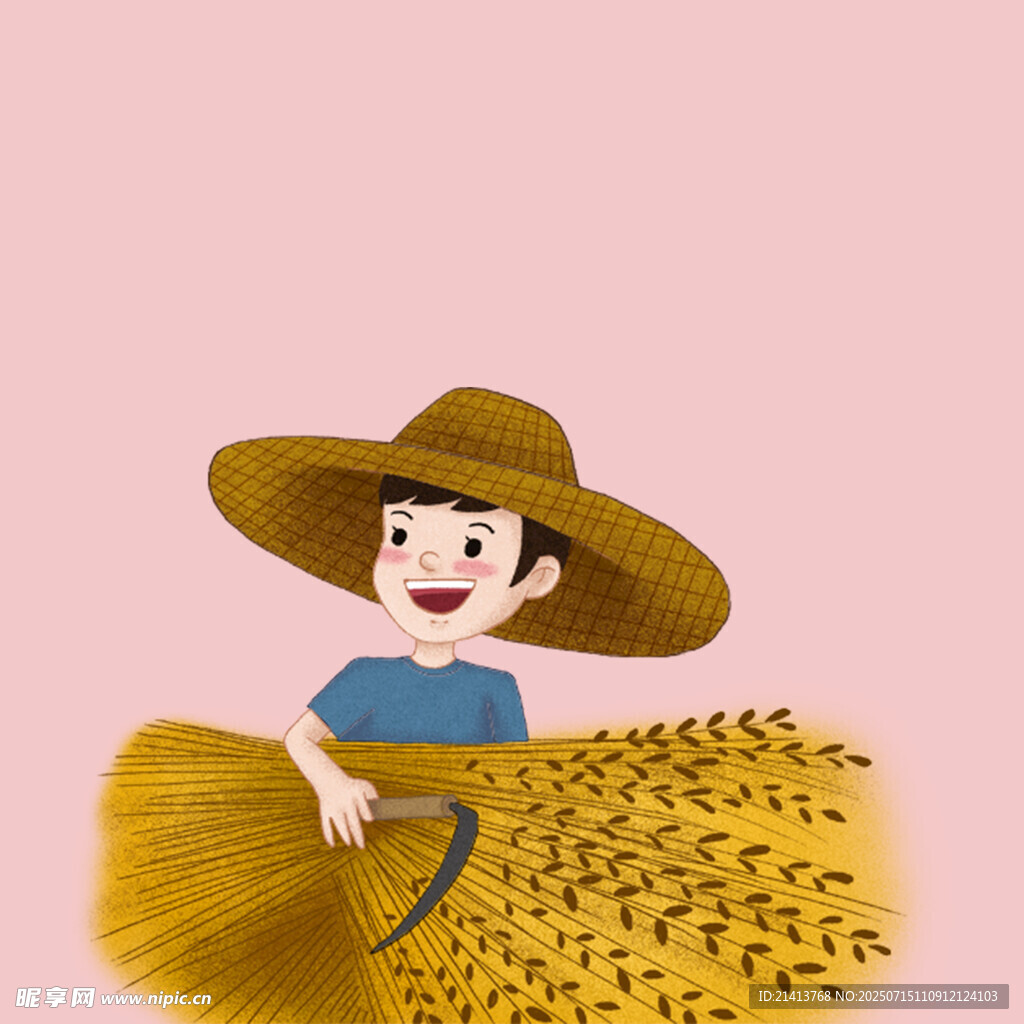 農(nóng)民持掃帚與金黃谷物