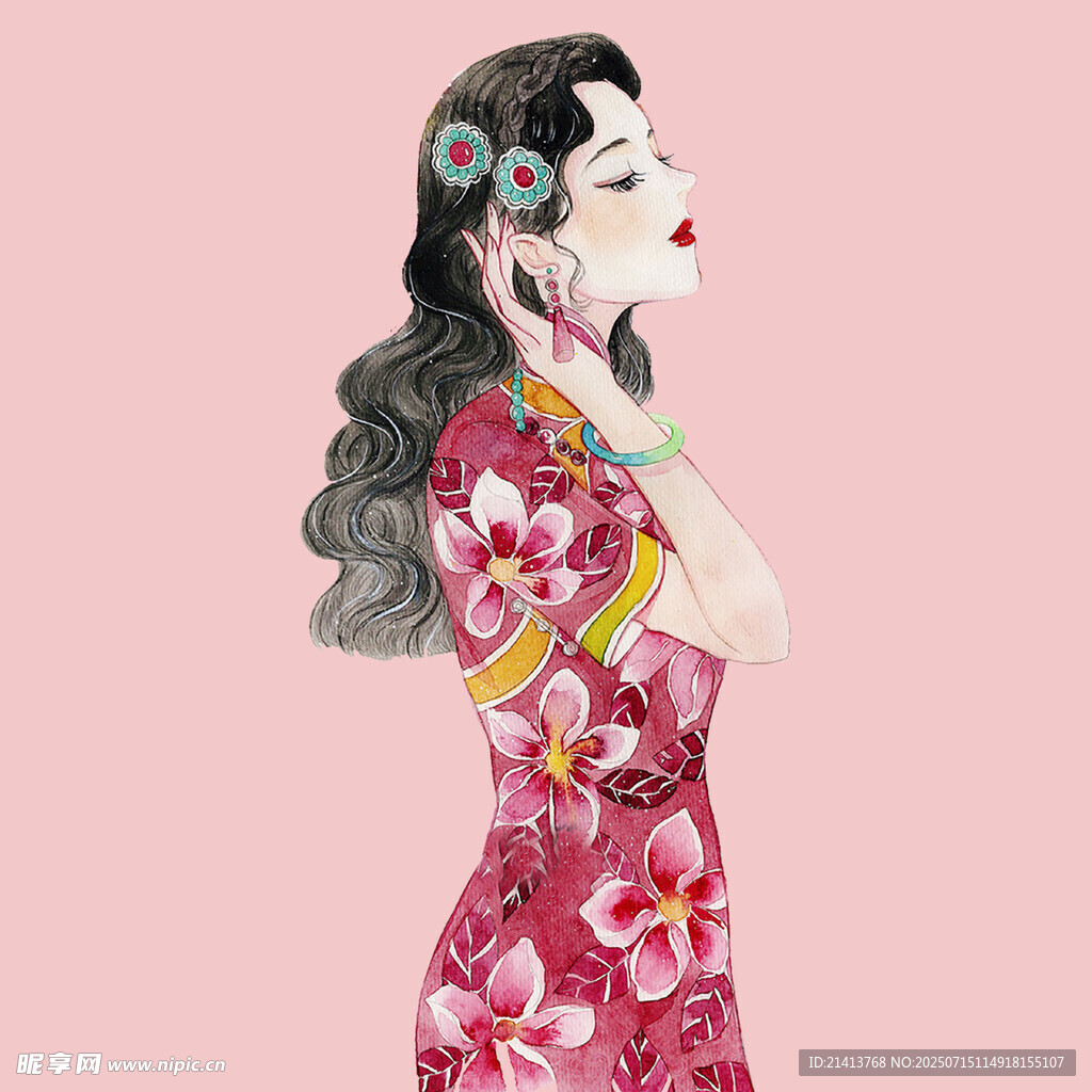 復(fù)古旗袍女子優(yōu)雅側(cè)影