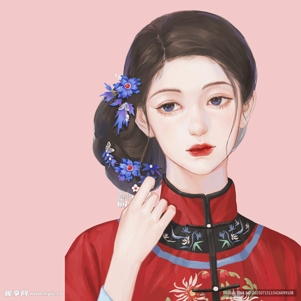古典旗袍女子  發(fā)間藍(lán)花點綴