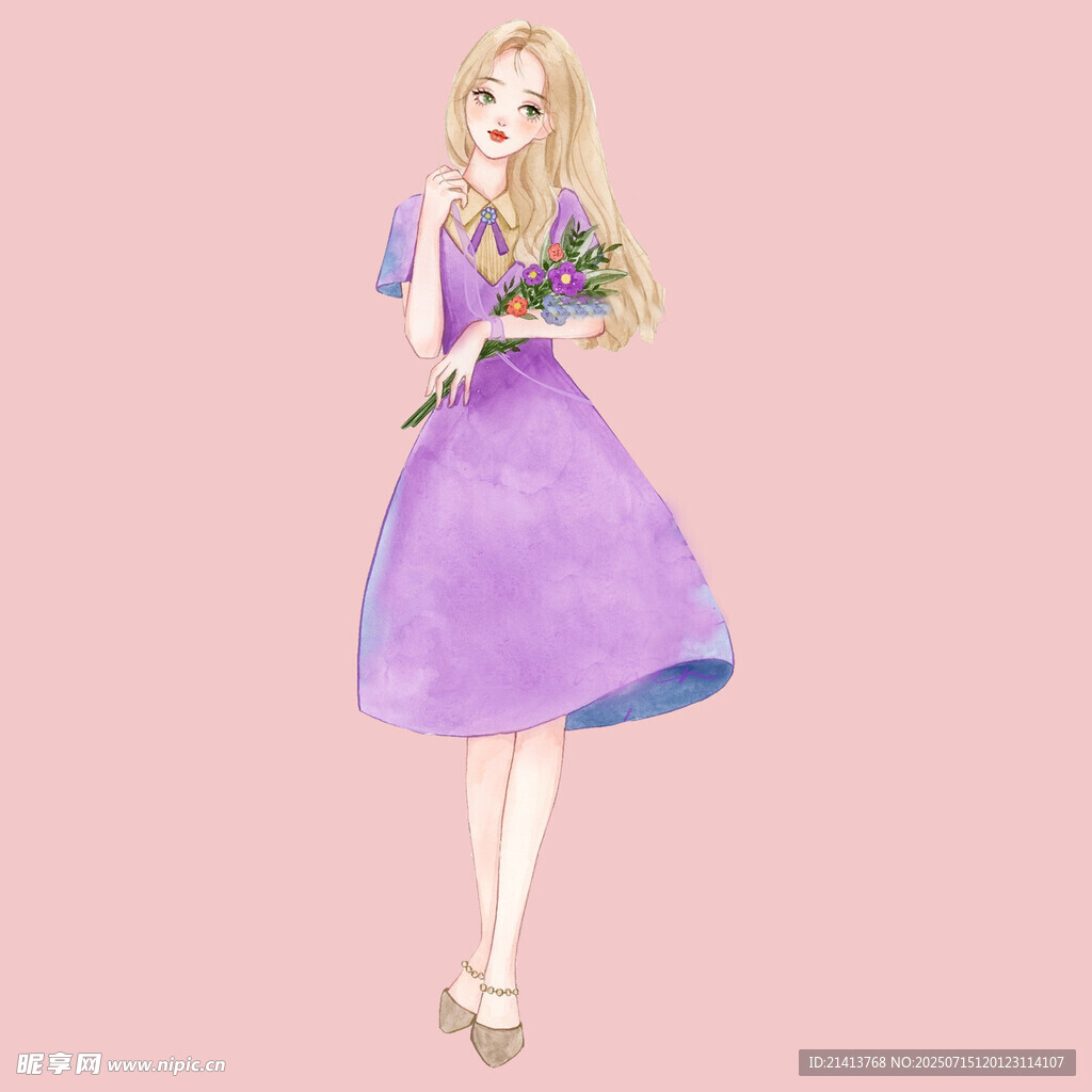 手持花束的紫色連衣裙女孩