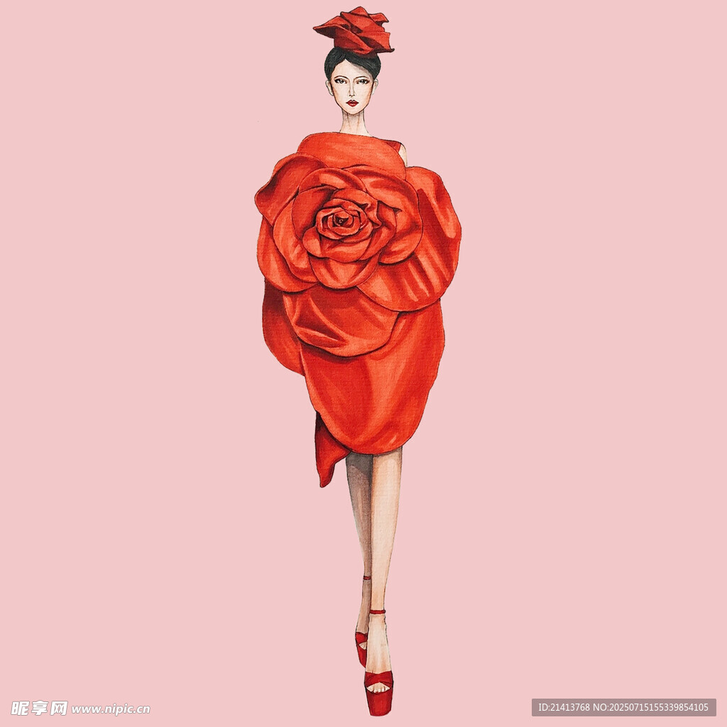 玫瑰造型時尚禮服插畫