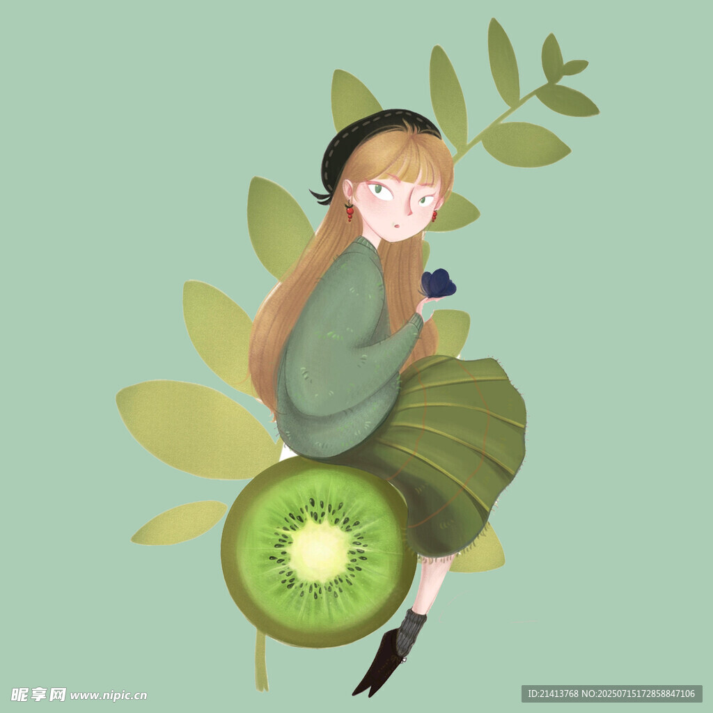 女孩坐在奇異果上享受時(shí)光