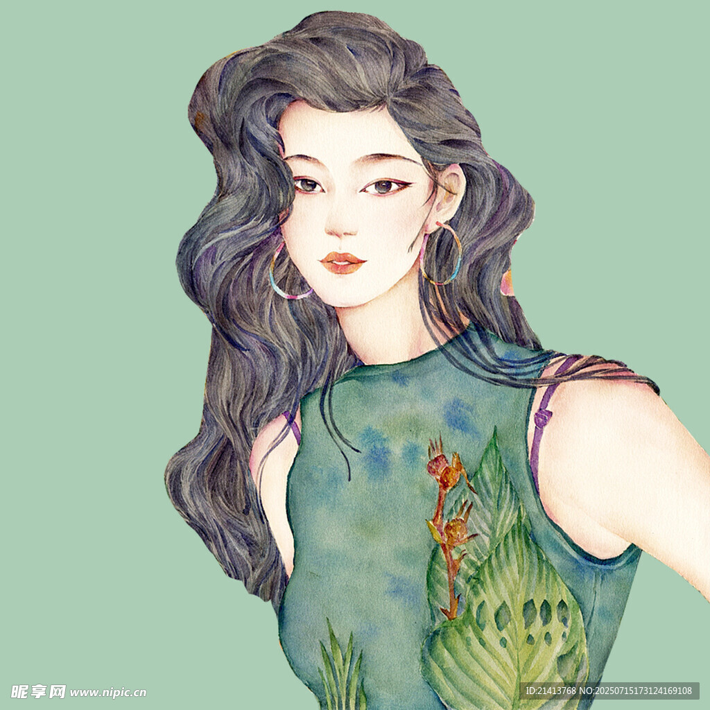 手繪長發(fā)綠衣時(shí)尚女性