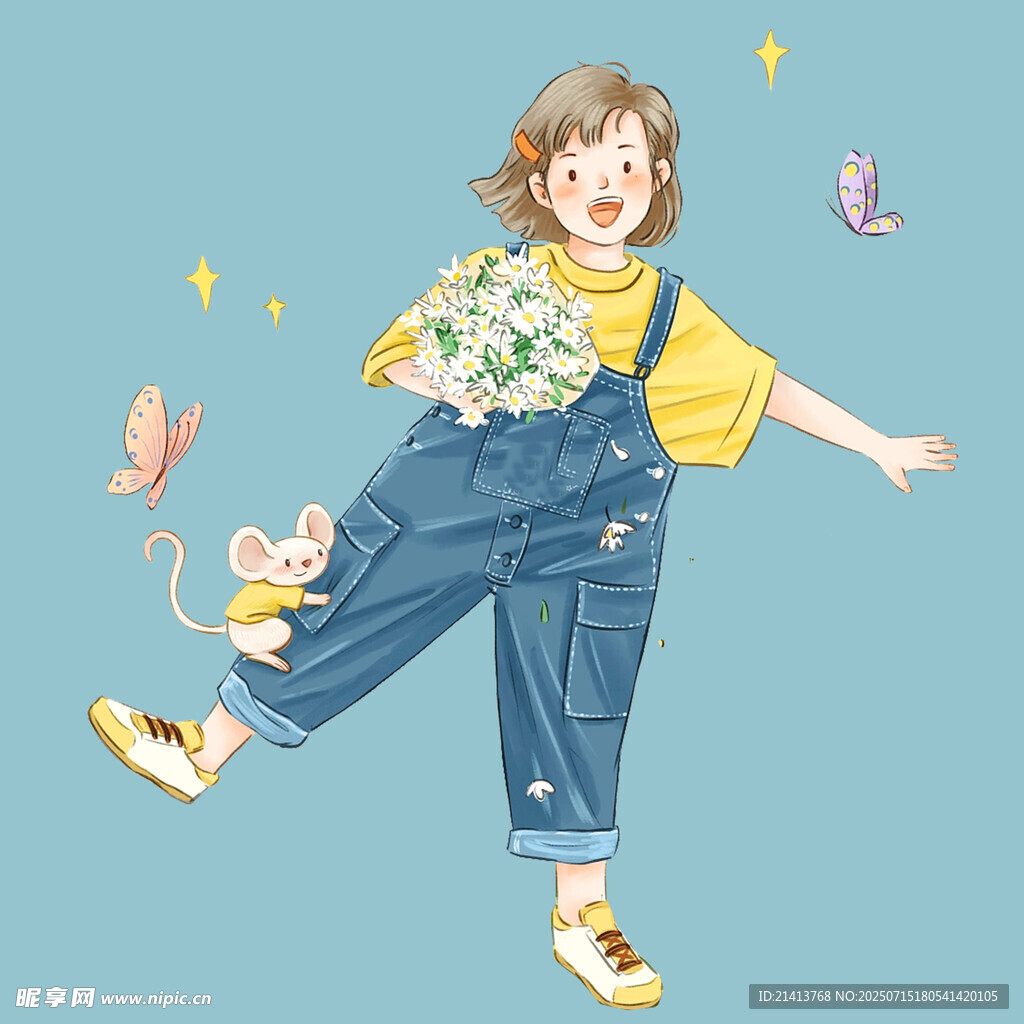 女孩懷抱鮮花快樂起舞