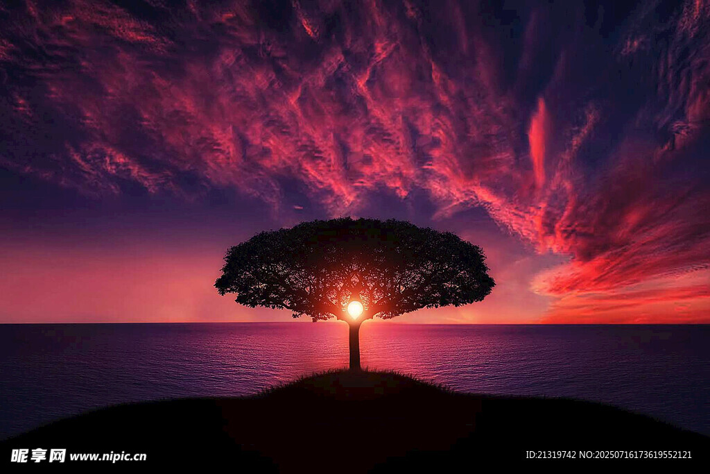 夢幻夕陽下的孤獨樹影