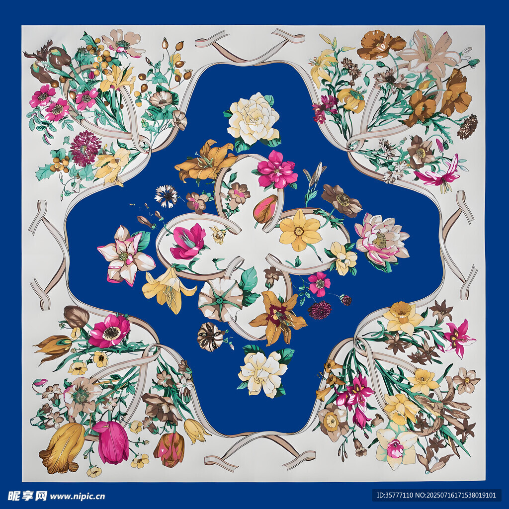 藍(lán)色花卉圖案精美絲巾