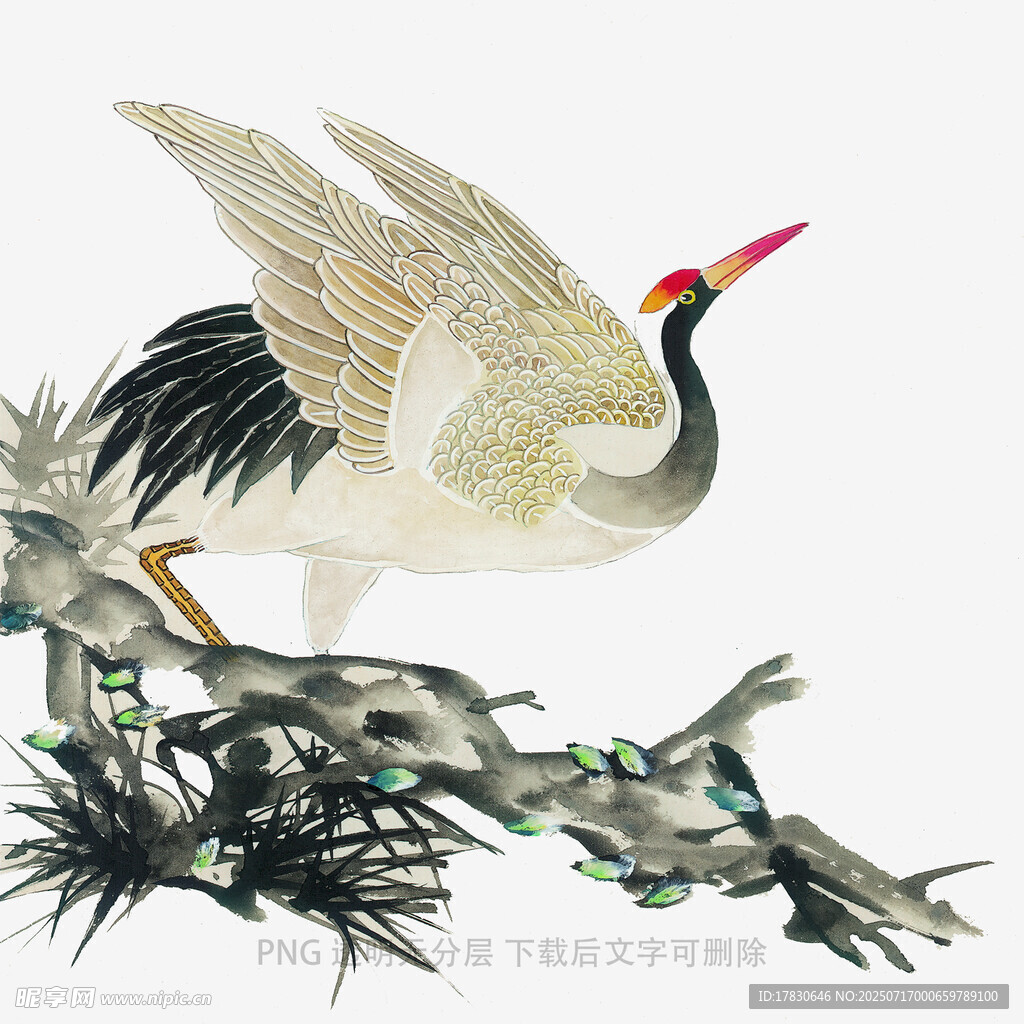 丹頂鶴立于枝頭國(guó)畫圖