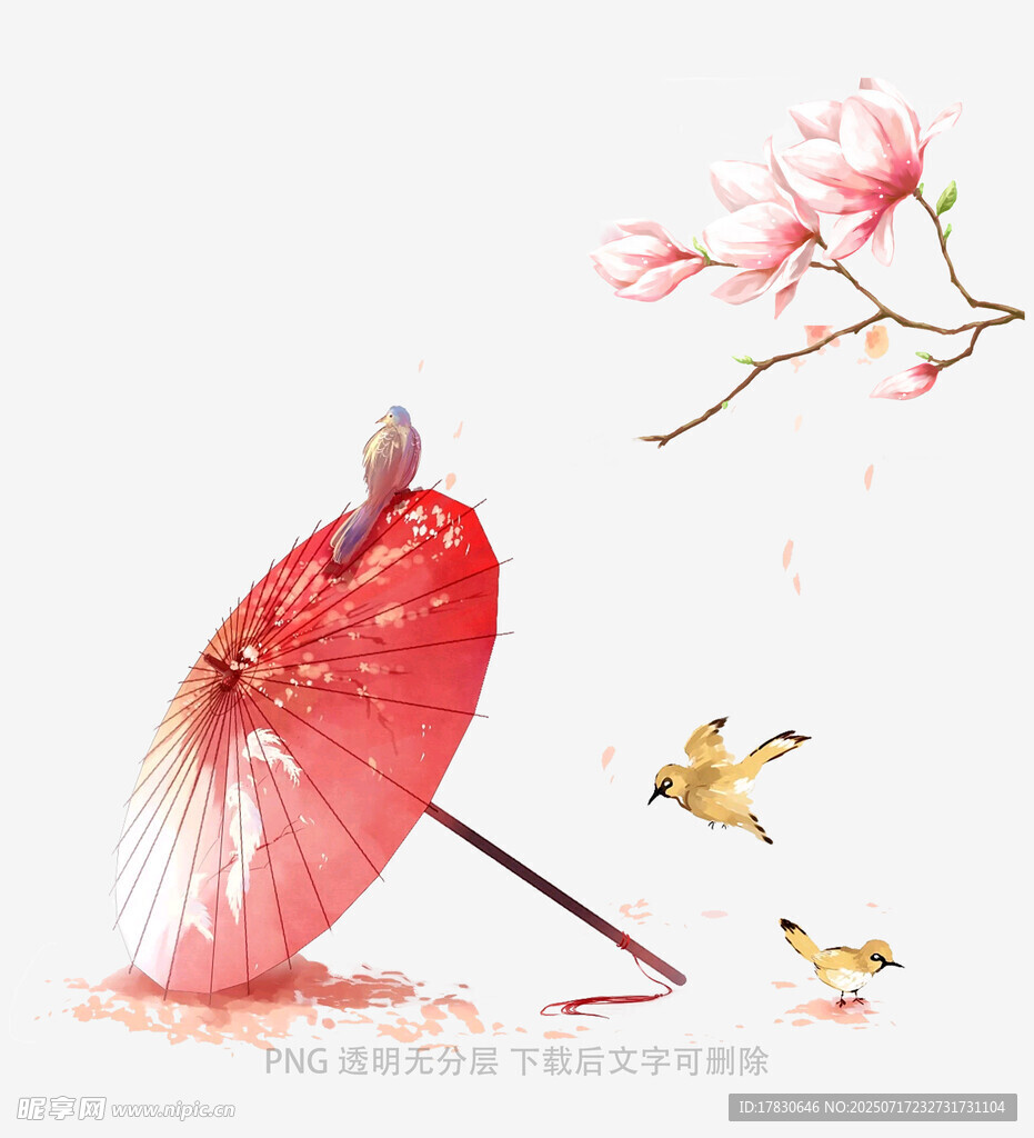 古風(fēng)紅傘下的花鳥景致