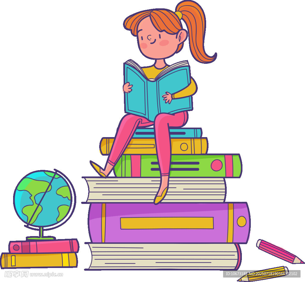 女孩坐書堆上專注閱讀