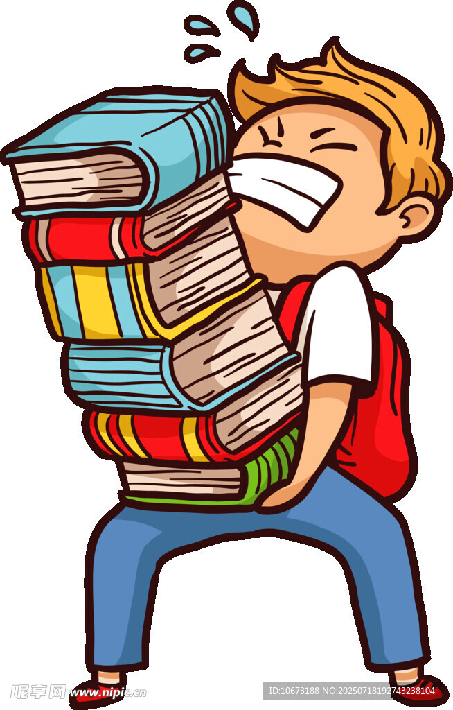 男孩背負(fù)沉重書(shū)籍顯壓力