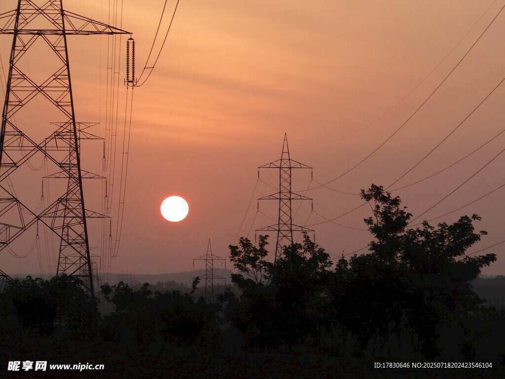 夕陽下的輸電塔與樹木