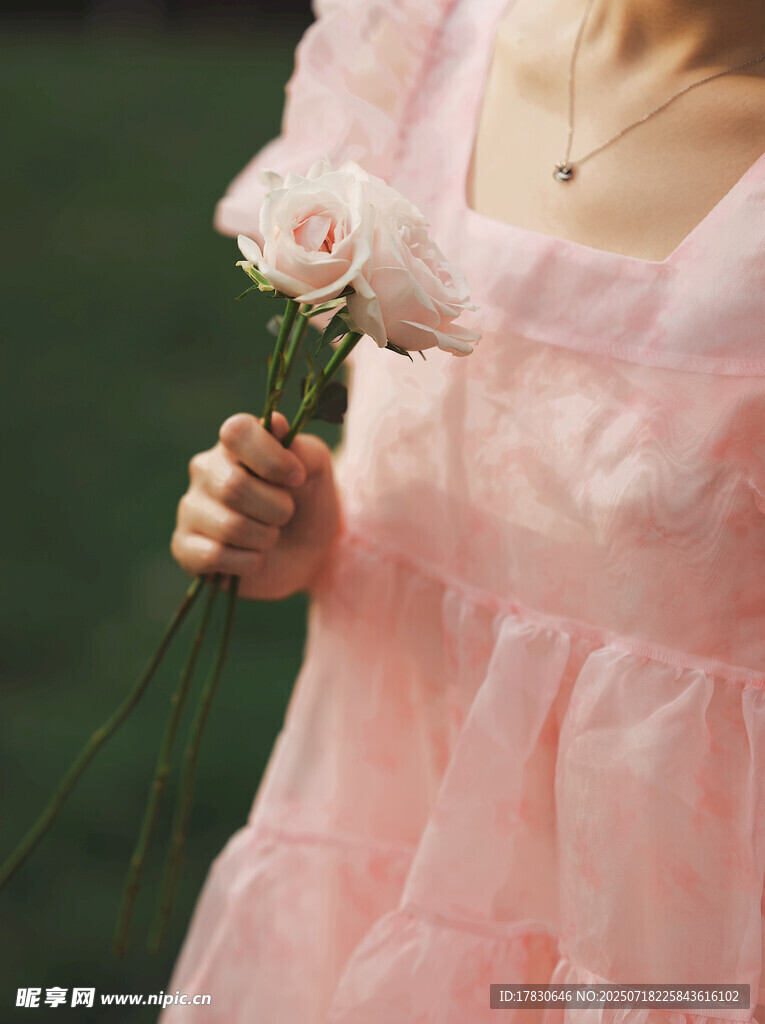 粉色裙裝女子手持白玫瑰