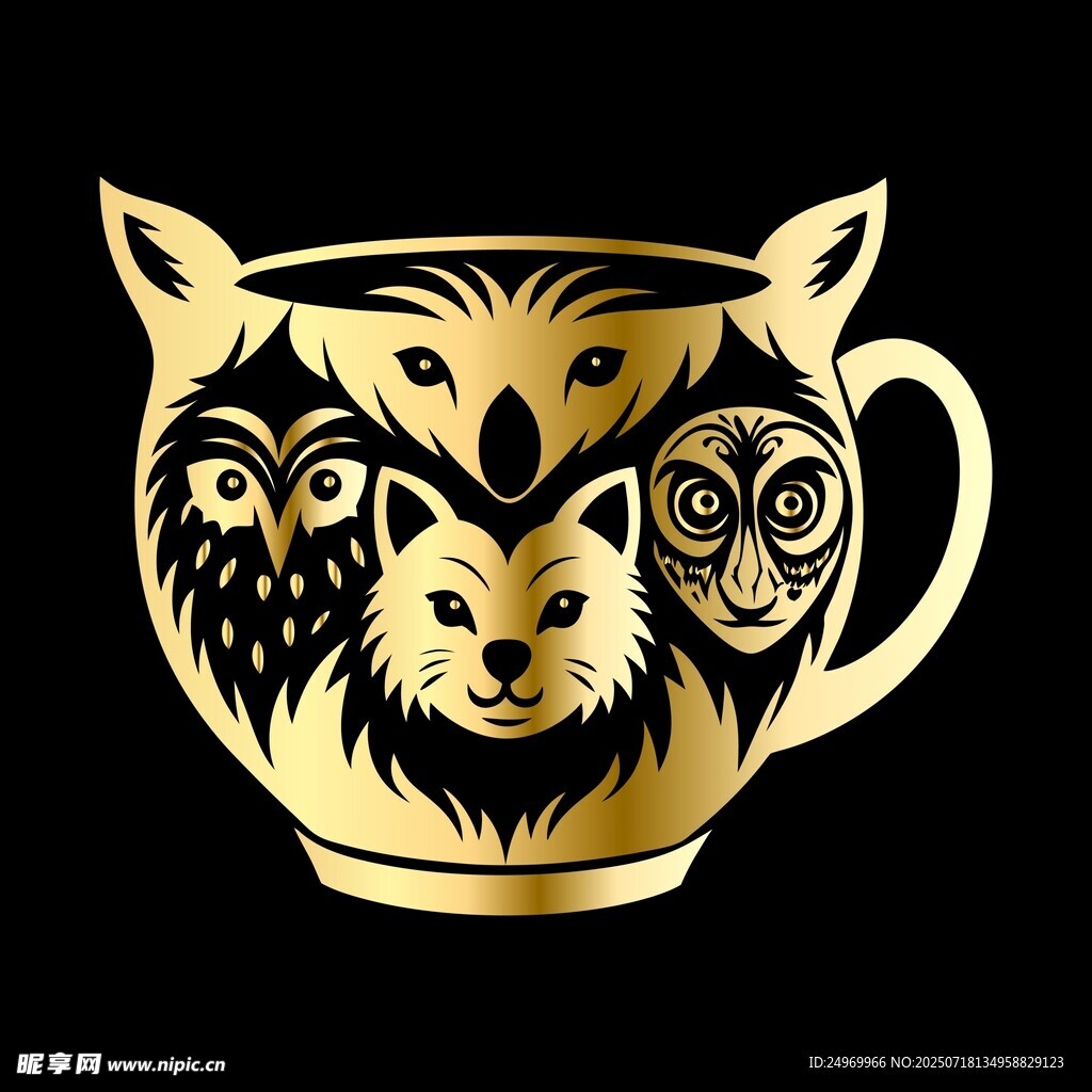 動物臉圖案的金色茶杯