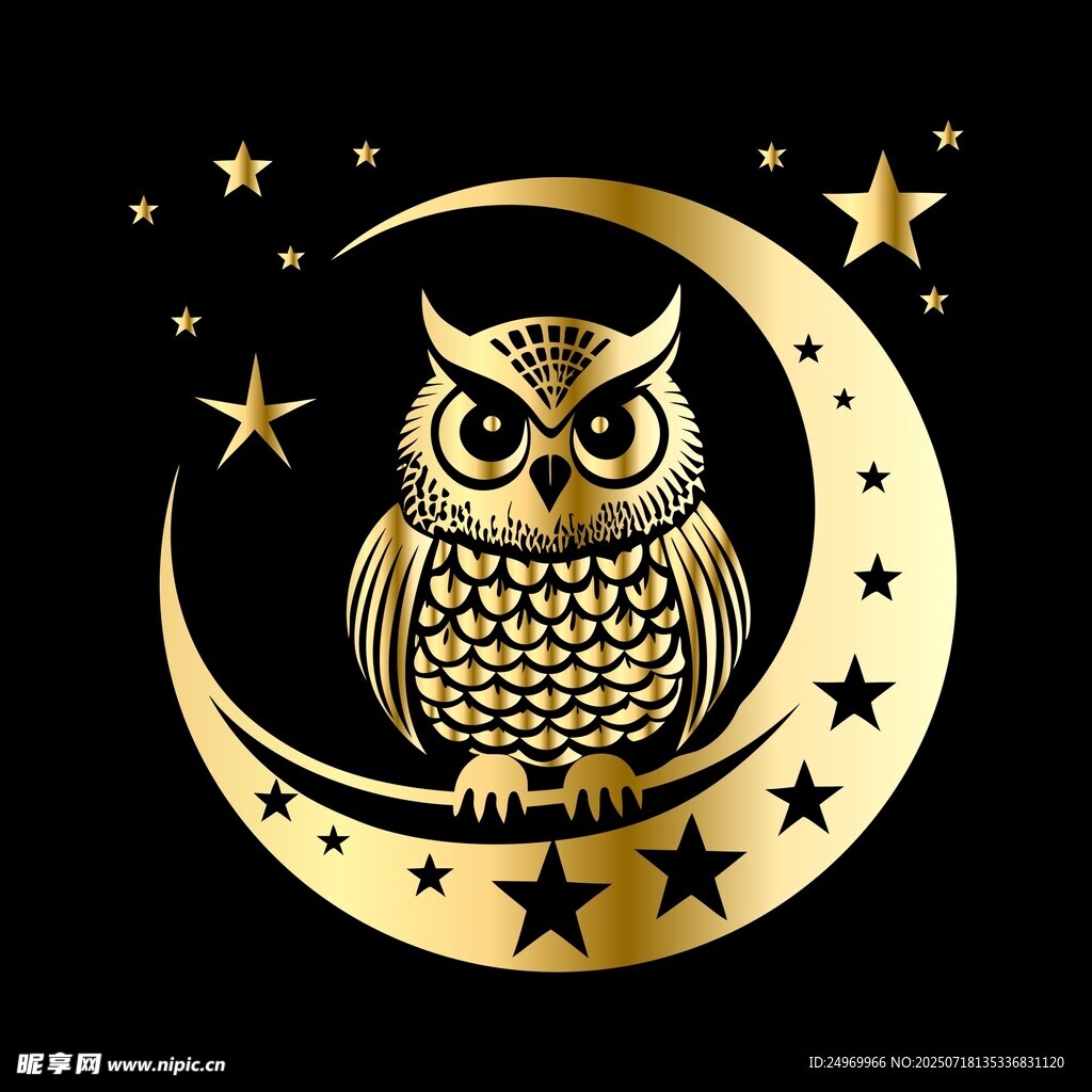 金月上的貓頭鷹與星星
