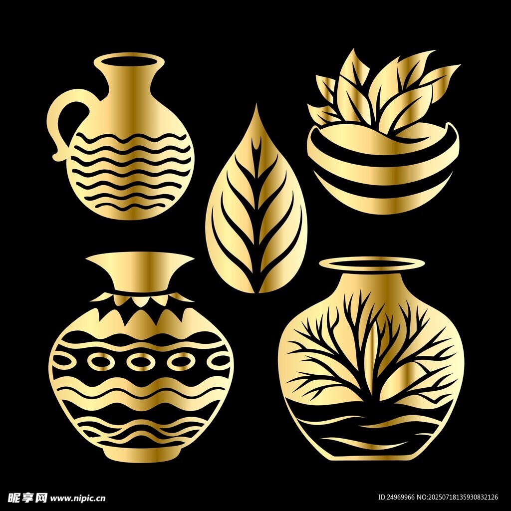金色花紋陶罐與葉片圖案