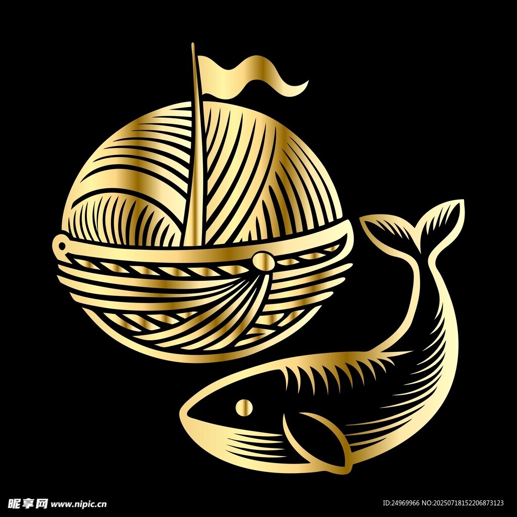 金色船與鯨魚藝術(shù)圖案