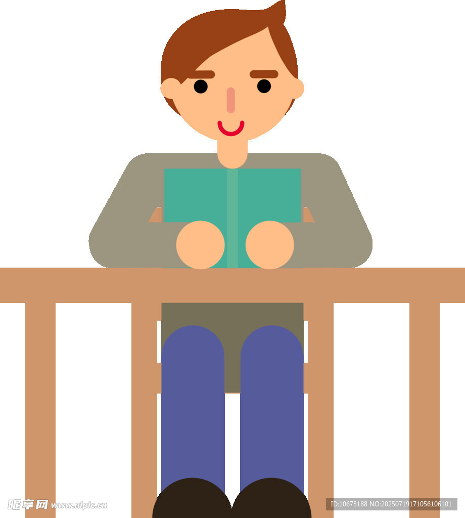 男孩坐欄桿處捧書閱讀